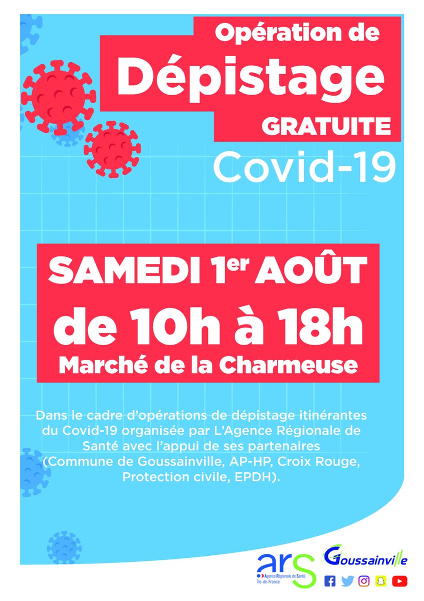goussainville95's tweet photo. Opération de dépistage gratuite #COVID19 #Goussainville
📅Samedi 1er Août 2020
🕙De 10h à 18h
📍Marché de la Charmeuse @goussainville95
@ARS_IDF @APHP @CroixRouge95 @ADPC95 Association #EPDH https://t.co/lA0wm5iPPx