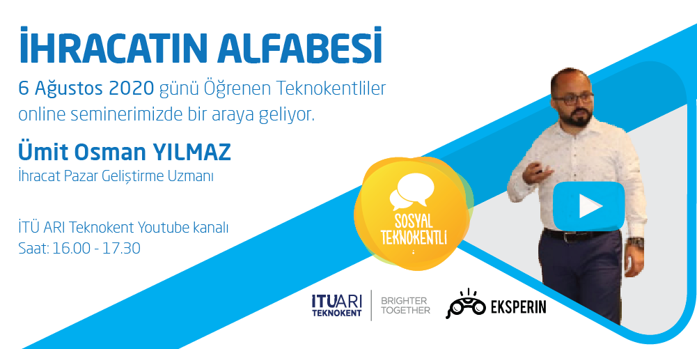 #ÖğrenenTeknokentliler! Ümit Osman Yılmaz'ın sunumuyla, 6 Ağustos Perşembe günü, saat 16.00'da "İhracatın Alfabesi" seminerimizde buluşalım. Detaylar ve kayıt için: bit.ly/39DtEEQ