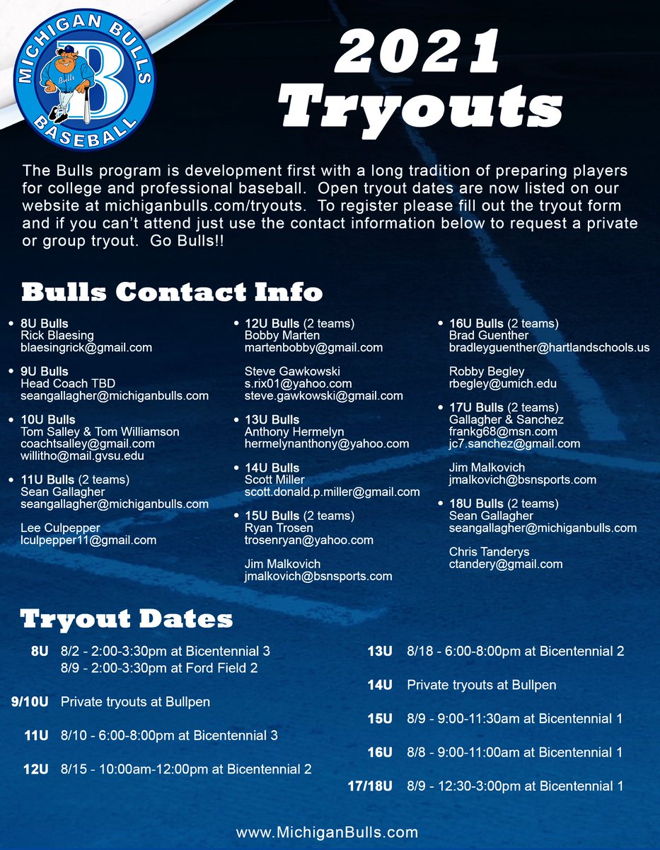 BullpenBaseball's tweet photo. 2021 Tryout dates are finally set! Come be a part of some special teams!! #BullsFam #skooo https://t.co/wjRWD4WPMR