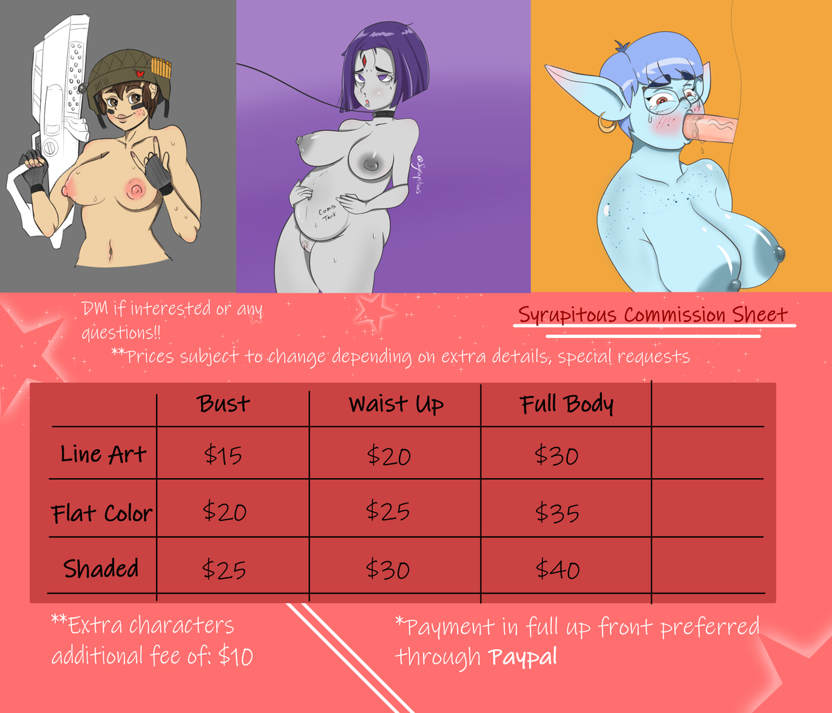 syrupitous's tweet photo. I've decided to open up a few commissions since I'm beginning to search for a new job and could use the money for bills!!! If you have any questions feel free to message me ;) #nsfw #digitalartwork #commisionsopen https://t.co/vS44aKpNej