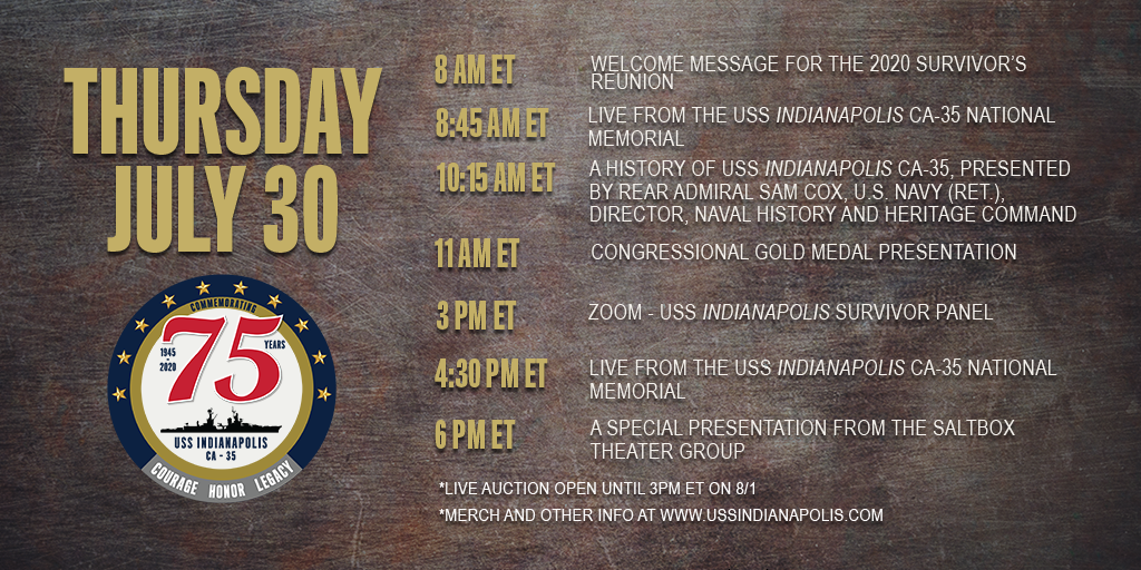 Welcome to the USS Indianapolis Virtual Reunion! Here are some of the events happening today that you won't want to miss. Reunion merch and virtual auction items can be found here: ussindianapolis.com.