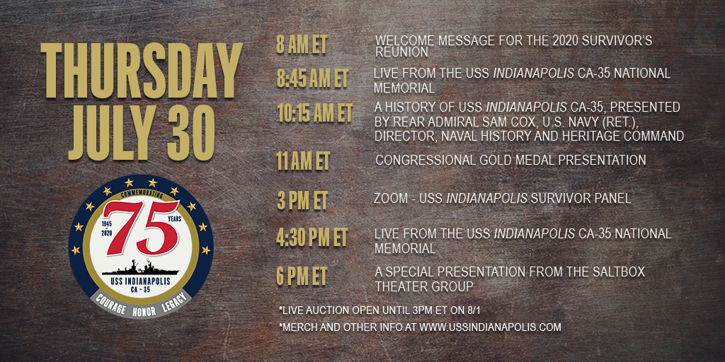 USSIndyOfficial's tweet photo. Welcome to the USS Indianapolis Virtual Reunion! Here are some of the events happening today that you won't want to miss. 

Reunion merch and virtual auction items can be found here: https://t.co/YXfH9TaKBq. https://t.co/PI76zkW7fK