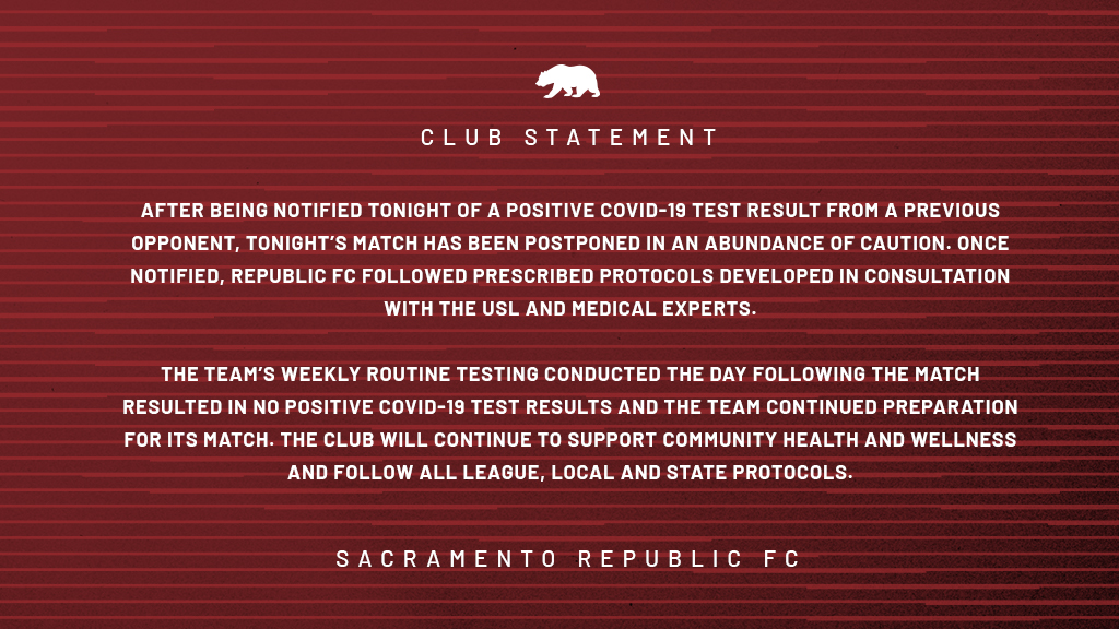 SacRepublicFC's tweet photo. Out of an abundance of caution, tonight's match against Orange County SC has been postponed. https://t.co/nrl5T0XFZA