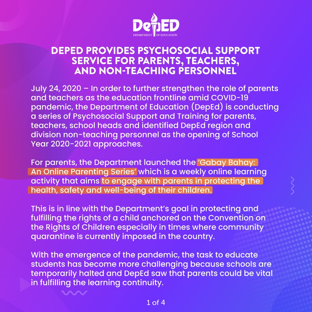 DepEd_PH's tweet photo. PRESS RELEASE

DepEd, magsasagawa ng psychosocial support service para sa mga magulang, guro, at non-teaching personnel

#SulongEduKalidad #DepEdPhilippines #DepEdTayo https://t.co/kKrot43uUF