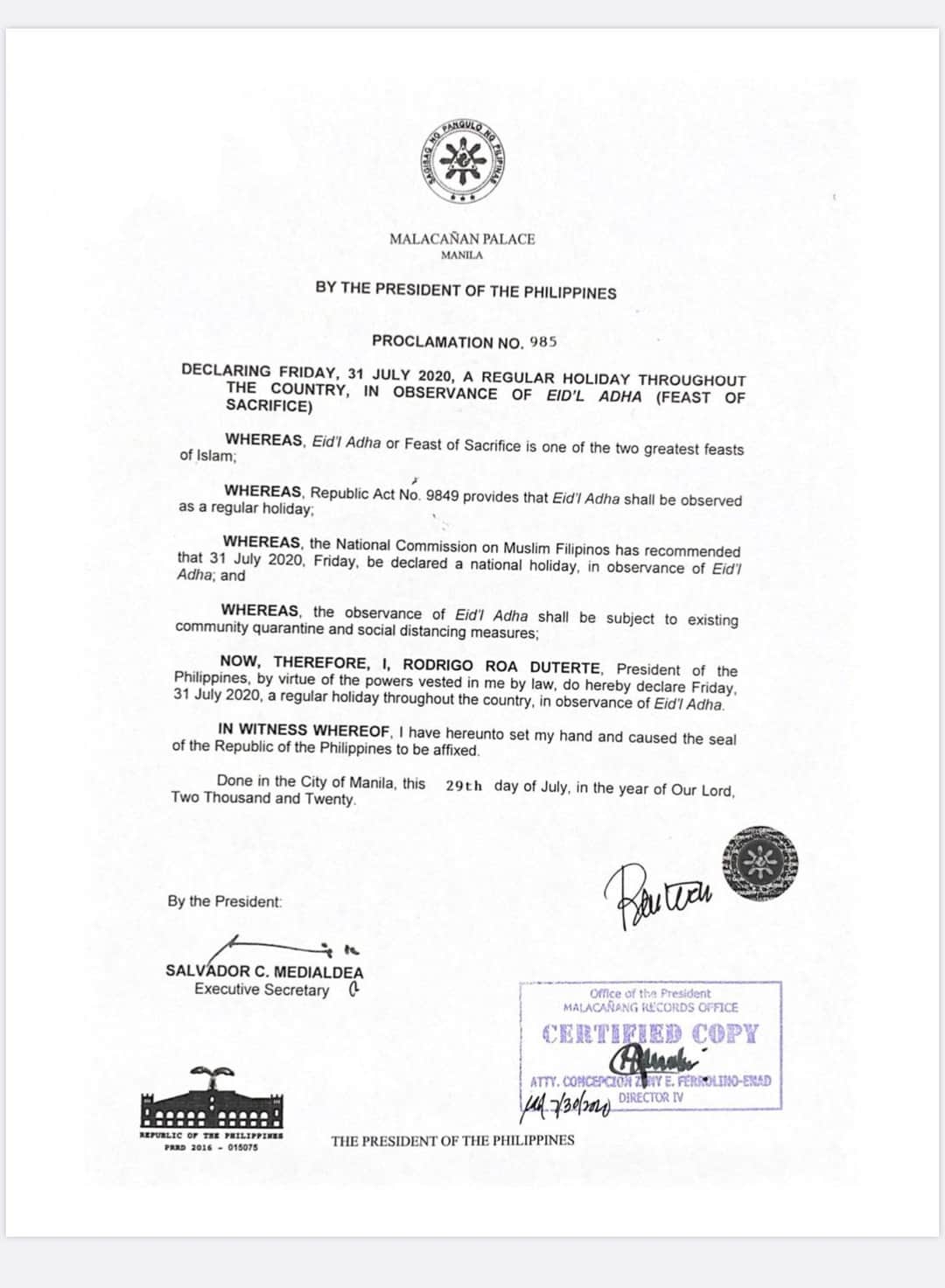 Presidential Communications Operations Office President Rodrigo Roa Durerte Declares July 31 Friday Through Presidential Proclamation No 985 S A Regular Holiday In The Philippines In Observance Of Eid L Adha