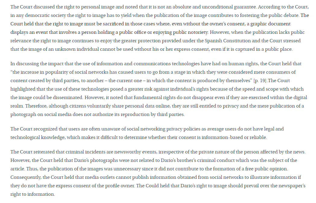 The Spanish court also held that publication of the photos was unnecessary, since they were not related to the criminal conduct that was subject of the article. The decision is in Spanish, clipped here is an English-language summary that is found here.  https://globalfreedomofexpression.columbia.edu/cases/dario-v-la-opinion-de-zamora/