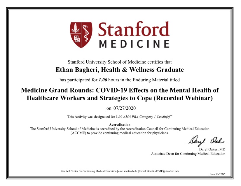 EthanBagheri's tweet photo. Stanford University School Of Medicine 🏫

COVID-19 Effects on the Mental Health of Healthcare Workers &amp; strategies to Cope Certificate🏨👨🏻‍⚕️

July 2020 👨🏻‍🎓 https://t.co/09BiRYCXcX