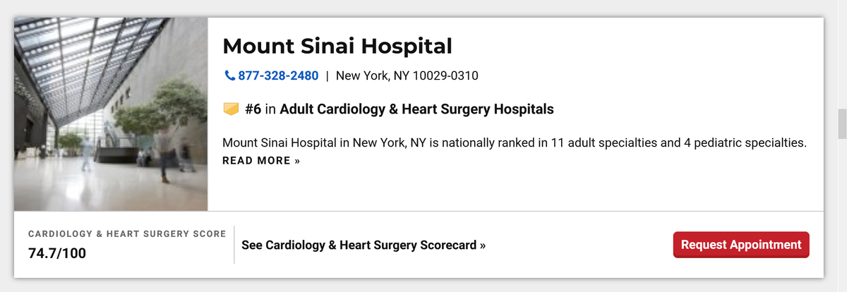 Congratulations! 🎉 Mount Sinai Hospital is ranked No. 6 by U.S. News Best Hospitals! ❤️ #hearthealthy #heartofthematter #MSHeart <a href="/MountSinaiHeart/">Mount Sinai Fuster Heart Hospital</a> <a href="/MountSinaiNYC/">Mount Sinai Health System</a>