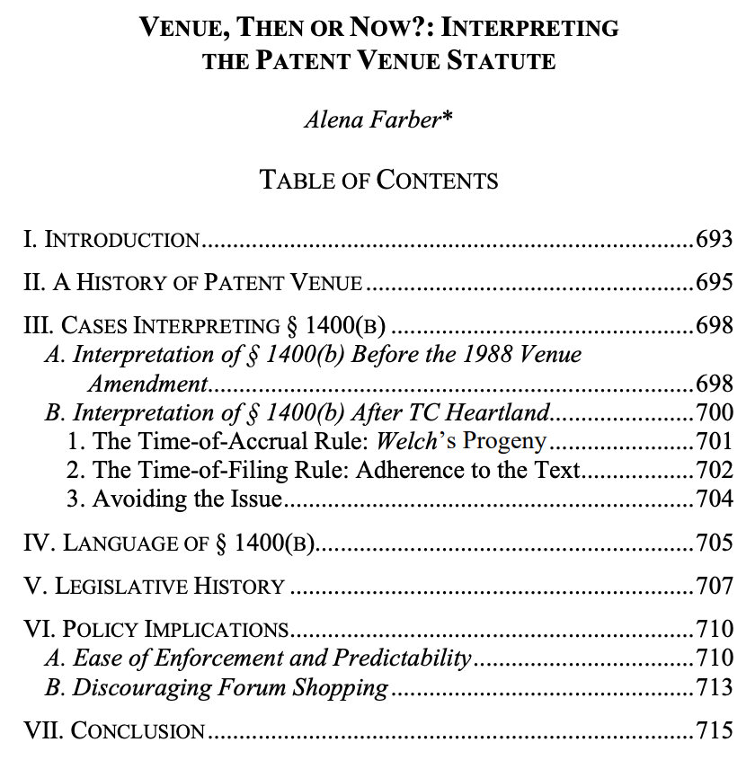 HarvardJOLT's tweet photo. In “Venue, Then or Now?: Interpreting the Patent Venue Statute” @alenafarber explores the best approach to determining patent venue 
https://t.co/oNhUVvPCQ6 https://t.co/yVeSDtPTbZ