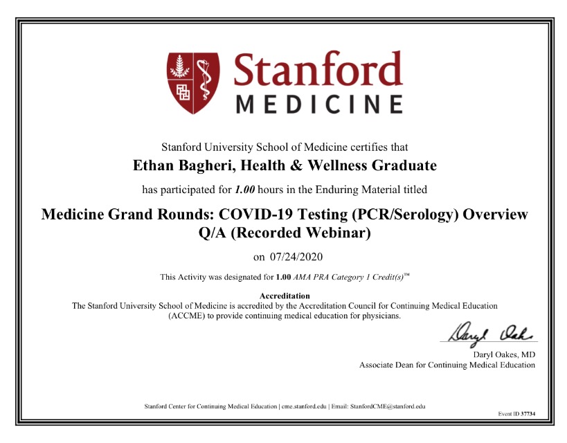 EthanBagheri's tweet photo. Stanford University School Of Medicine 🏫

COVID-19 Testing (PCR/Serology) Certificate 🔬🏨

July 2020 👨🏻‍🎓 https://t.co/dm3C3QWICq
