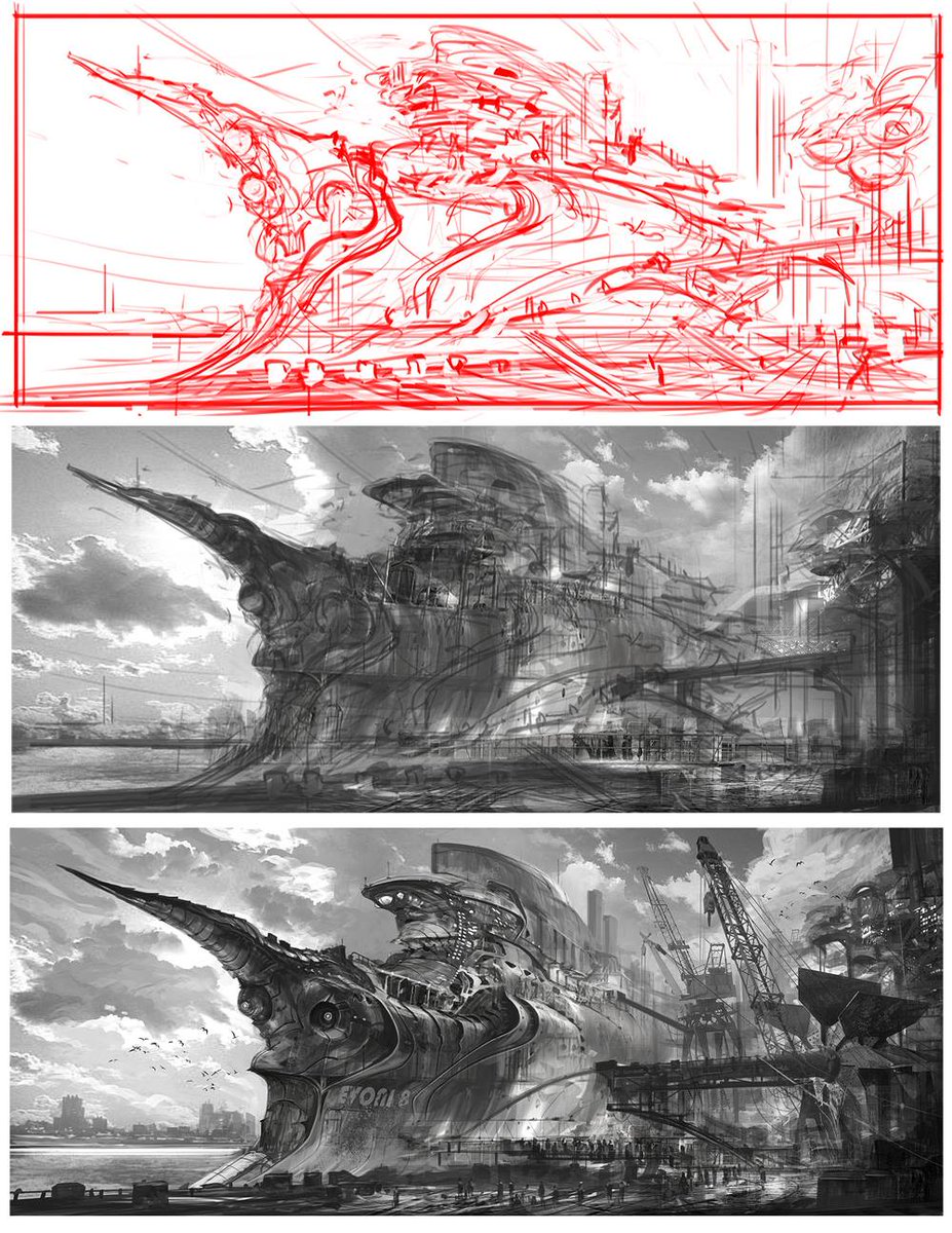 When learning digital painting, start by creating silhouettes of all your major forms. Then place a backlight to punch up the contrast (regardless of day or night, interior or exterior). This is an easier method to try before diving into the deeper stuff.
