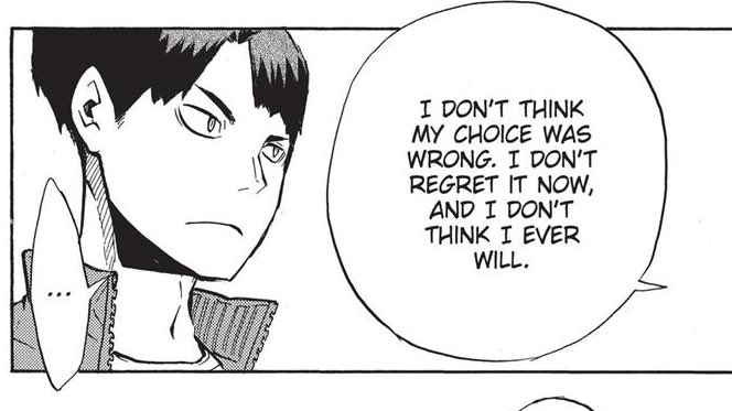 oikawa claims that the choice he made was not the wrong one, essentially saying that he has reasons aside from his so-called pride to stay in aoba johsai. given his nature as a setter, the answer here is—to me—quite obvious.