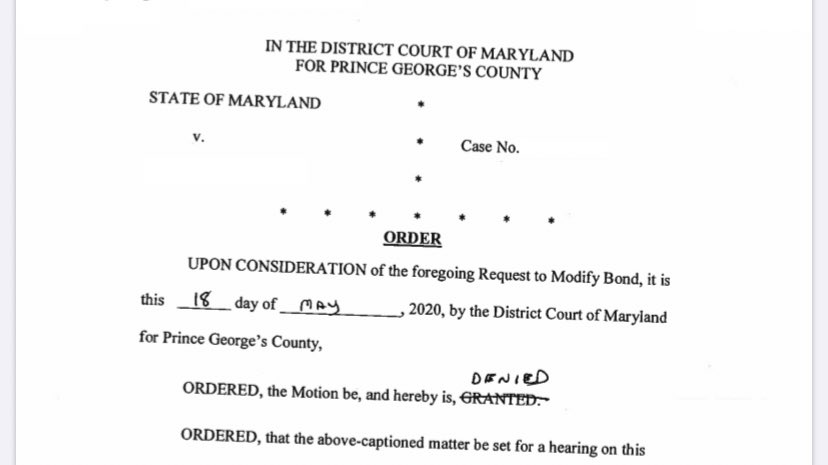 It’s not just top prosecutor Aisha Braveboy ( @SABraveboy) whos allowing this happen. The PG County, MD judges care so little, that they are now issuing boilerplate denials of release. This is a copy of one of them. Just fill in a date. Cross out “granted.” Scrawl “DENIED.”
