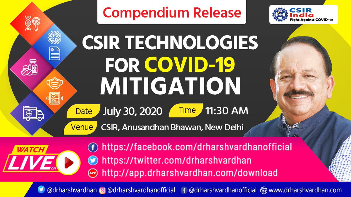 drharshvardhan's tweet photo. I am looking forward to releasing today a ‘Compendium of #COVID19 technologies &amp; products developed by CSIR’.

Watch Live !!

https://t.co/hC0QXEAPcV
https://t.co/fJImeR9axx
https://t.co/OPeFB5gIQZ

@PMOIndia @CSIR_IND @IndiaDST @PrinSciAdvGoI https://t.co/tL380MUBu2