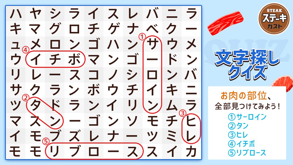 O Xrhsths ステーキガスト 公式 Sto Twitter 昨日の文字探しクイズの正解発表 答えは画像をチェック 5つのお肉の中で 皆さんが好きなものは入っていましたか お肉の名前を見ただけで食べたくなっちゃったあなたは肉好きさん決定です