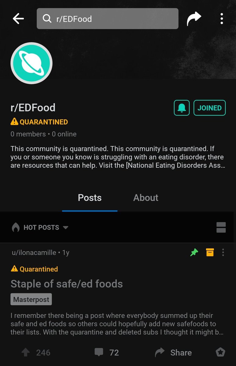 r/EDFoodthis subreddit got quarantined in an event i will explain another time.this means you may have to do shit to access it. opt in + verified emailthis is like safe food but more variedlow calorie food, safe food, binge hauls, and more