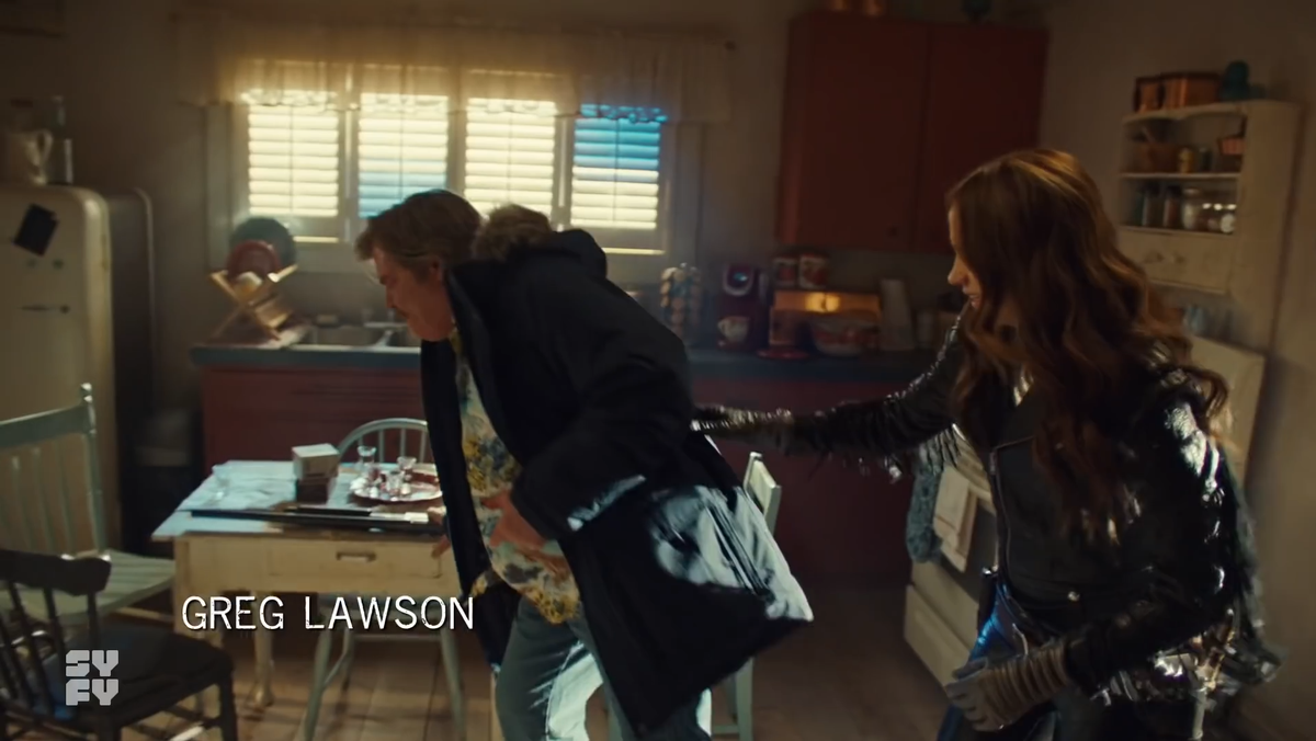 Nedley places his shotgun on the table. (Greg would have to be careful not to disturb the tabletop to prevent the props from moving too much... which is funny because he basically SLAMS it down)