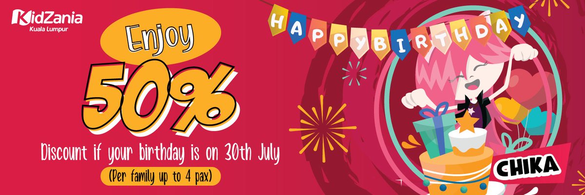 KidZaniaKL's tweet photo. Today is Chika's Birthday!! 

Attention to all kids who were born on 30th July you will get a special discount of 50% (up to 4 tickets) from 1 - 30 August 2020! 

ComeZ let's celebrate together with Chika the RightZkeeper. https://t.co/6rNyBsjSTG