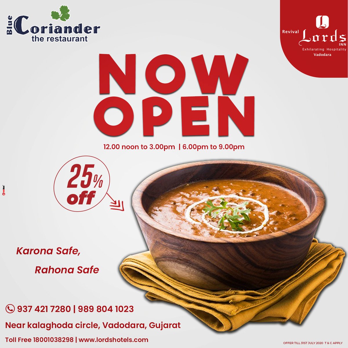 revivallordsho1's tweet photo. Now Open #BlueCoriander with Special Discount of 25% off #Offer Till 31st July'20
--
#nowopen #bluecoriander #revivallordsinnvadodara #Karona_safe #rahona_safe #lordshotelsnresort #LordsHotels #TrueValueHotels #yokemate #yokemateteam #yokematehardik #mryokemate #tapaspandya https://t.co/NyzMxTmn0T