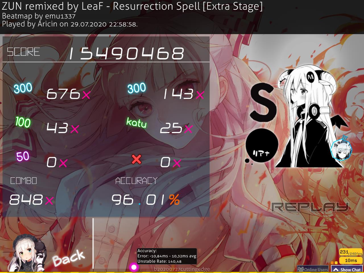 July 29th, 2020's Score of the Day: Aricin (@Aricin98)'s DT 1 sliderbreak choke on Resurrection Spell with 96.01% accuracy, earning him the #30 spot on the map's leaderbaord and 746pp.