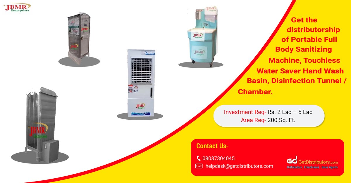 getdistributors's tweet image. Grab the #distributorship opportunity of Full Body Sanitizing Machine, Hand Wash Basin, Portable UVC Sterilizer &amp;amp; Disinfection Tunnel / Chamber, under the 𝗯𝗿𝗮𝗻𝗱 𝗻𝗮𝗺𝗲 𝗝𝗕𝗠𝗥. 

#Sterilizer #SanitizingMachine #HandWashBasin #DisinfectionTunnel #DisinfectionChamber