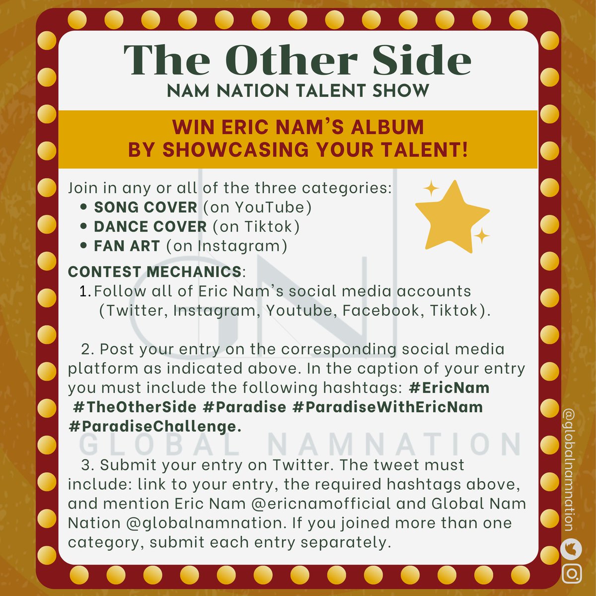 globalnamnation's tweet photo. ‼️#AlbumGiveaway‼️(Thread) 

Win Eric Nam's 4th Mini Album, The Other Side by joining any or all of the ff:
-Fan Art
-Song cover
-Dance Cover

See full mechanics per category on thread.

#EricNam #TheOtherSide #ParadiseWithEricNam #Paradise #ParadiseChallenge @ericnamofficial https://t.co/9kwar5Mixo