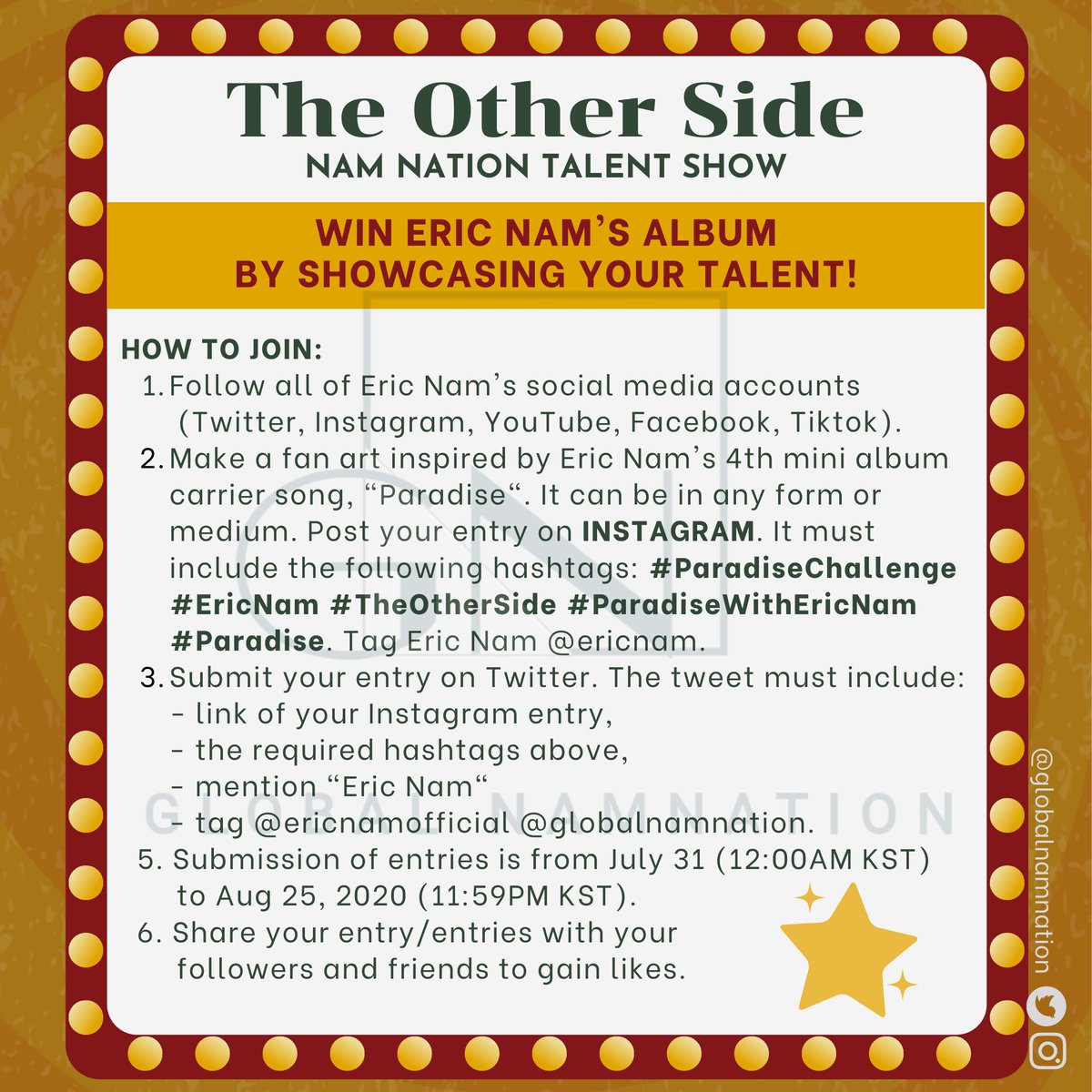 globalnamnation's tweet photo. FAN ART MECHANICS.
‼️#AlbumGiveaway‼️(Thread) 

Win Eric Nam's 4th Mini Album, The Other Side by joining any or all of the ff:
-Fan Art
-Song cover
-Dance Cover

#EricNam #TheOtherSide #ParadiseWithEricNam #Paradise #ParadiseChallenge @ericnamofficial https://t.co/V3pv9p8AXS