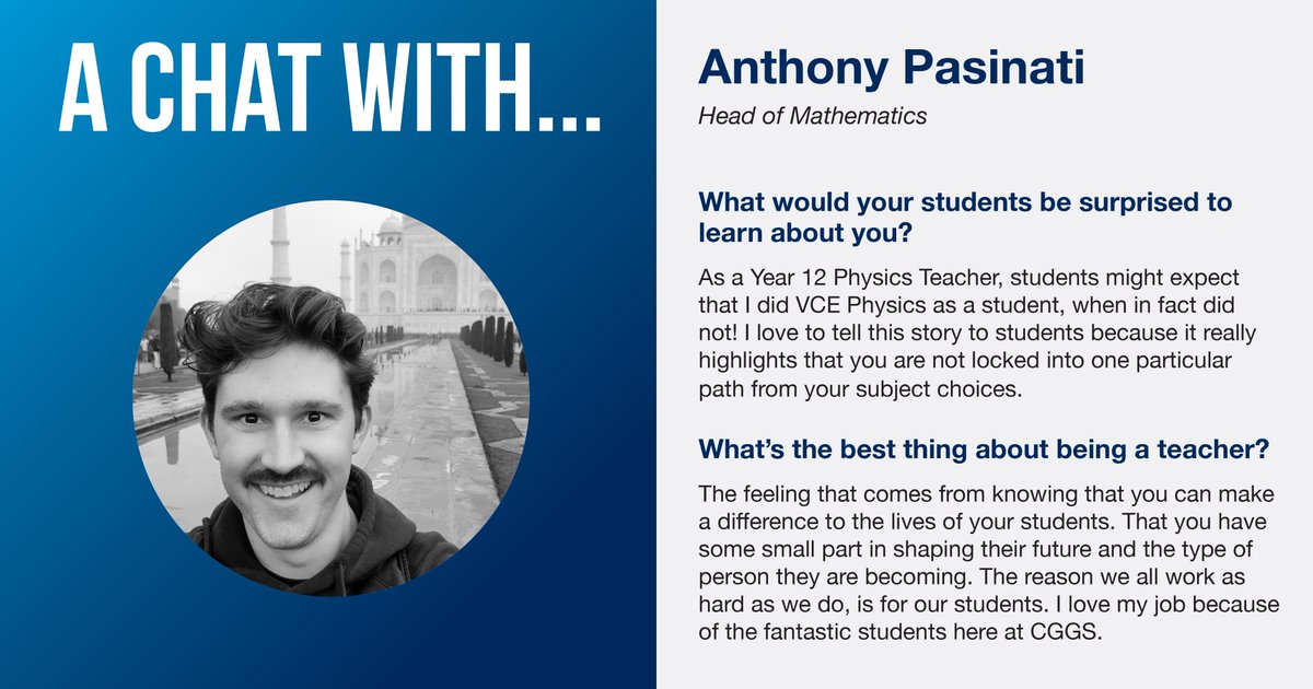 Time to meet another gem at #CGGS... Anthony Pasinati is our Head of Mathematics 📐He teaches Maths and Science to many year levels. Outside of teaching, he's best known for his fancy bowties ⧓😃#AChatWithCGGS