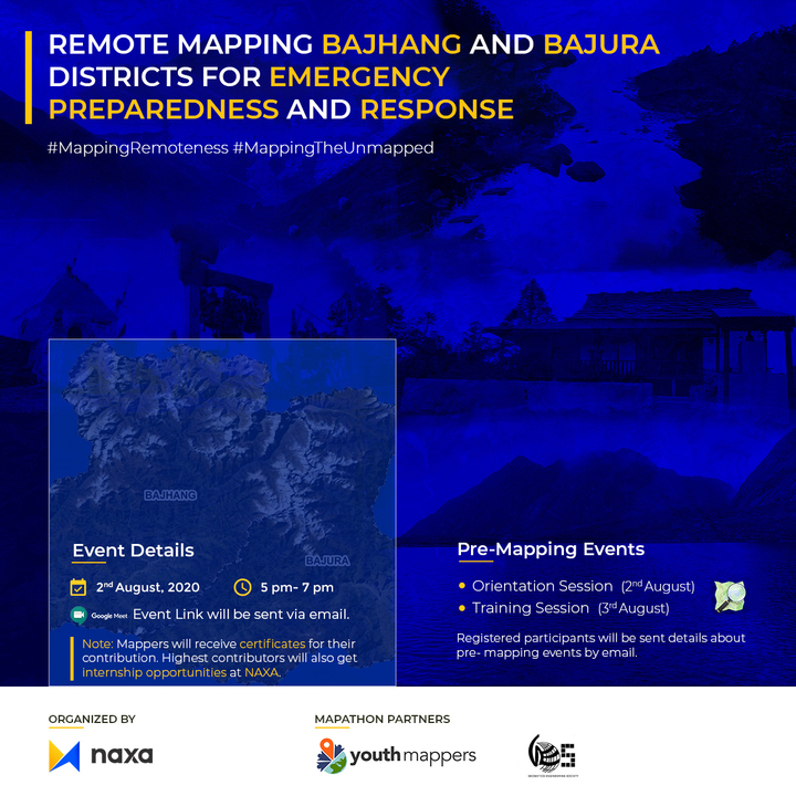naxanp's tweet photo. Registration Link: https://t.co/pe2UWEiiE8
Local youths from Sudurpaschim Province are encouraged to apply. #MappingTheUnmapped #MappingBajhangBajura #NAXA #MappingLocaltrails #MappingInfrastrcuture #YouthMappers #WFPNepal #RemoteMapping2020 https://t.co/MtQev5F1Fp