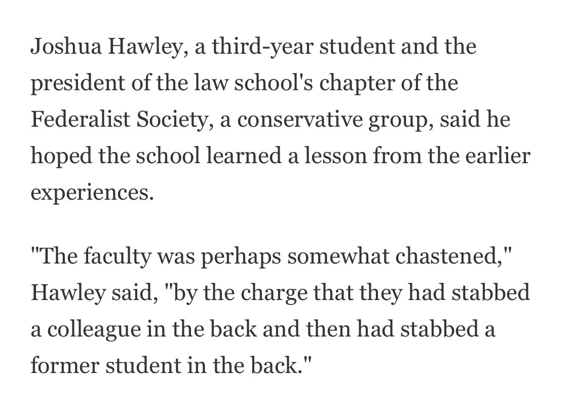 You don’t go around quoting Bork without sharing his views of executive supremacy. But Hawley has stood with Bork since his days at Yale Law.When Alito was nominated and faced opposition similar to Bork’s, 3L Hawley proclaimed that Yale “stabbed [Bork] in the back.”11/