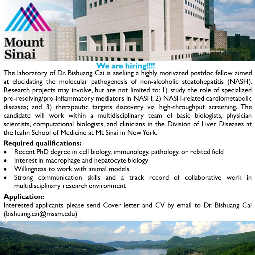 Bishuang Cai (@bishuangc) on Twitter photo We are looking for a postdoc to study NASH at Icahn School of Medicine at Mount Sinai in New York. Please contact me if interested: bishuang.cai@mssm.edu. We are looking for a postdoc to study NASH at Icahn School of Medicine at Mount Sinai in New York. Please contact me if interested: bishuang.cai@mssm.edu.