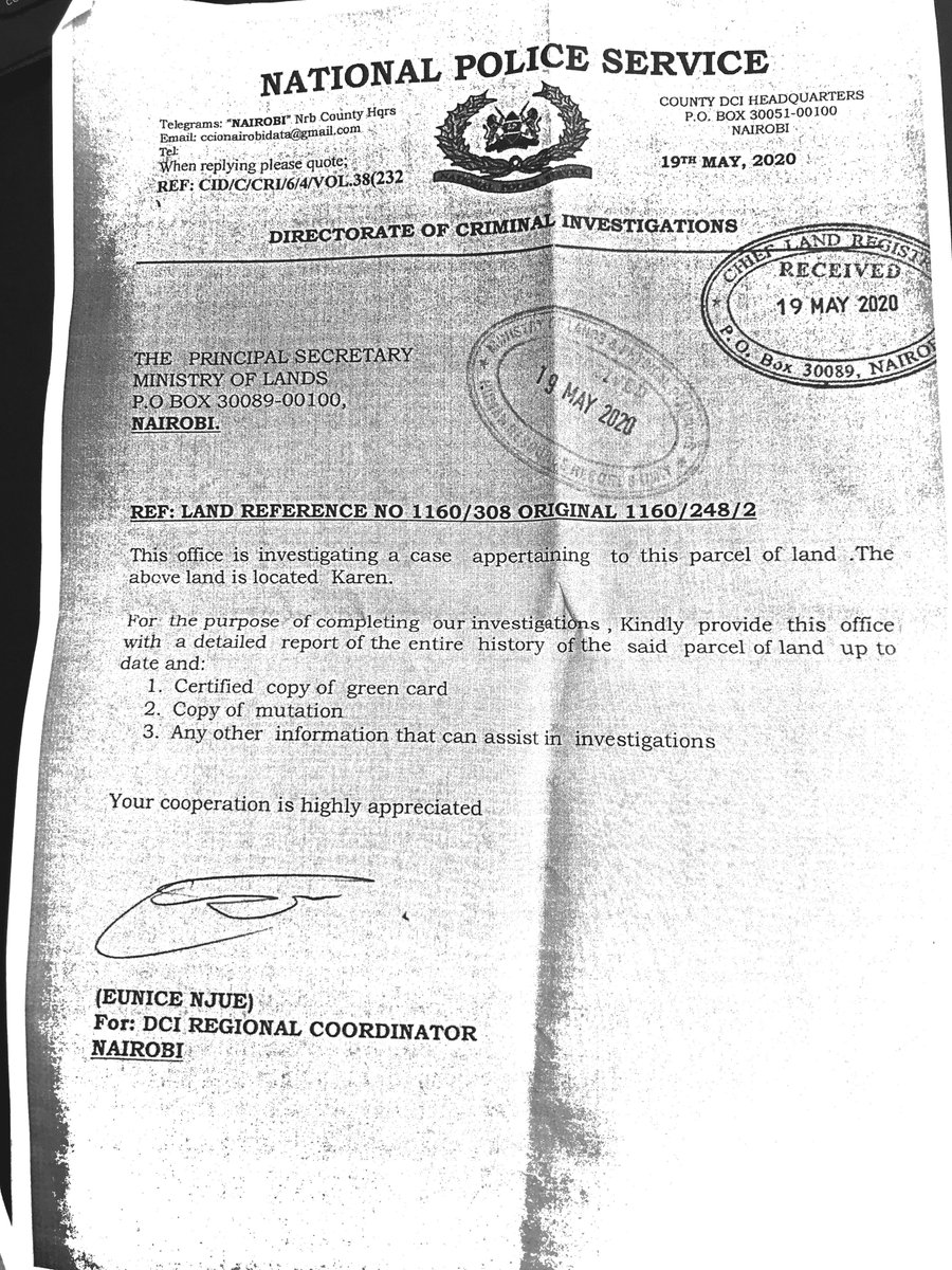 Before Eric was arrested the title deed of the land went missing at  @Lands_Kenya. Eric was working with E. Wafula at Land ministrys and Eunice Njue  @DCI_Kenya. Eric insiders started a process to make the thief, the legal owner of the land.  https://twitter.com/bonifacemwangi/status/1274268154907316226?s=20  #SemaUkweli