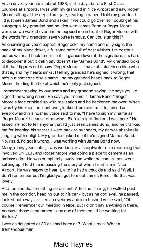 Can’t let #RogerMoore trending pass by without sharing one of the great celebrity anecdotes.