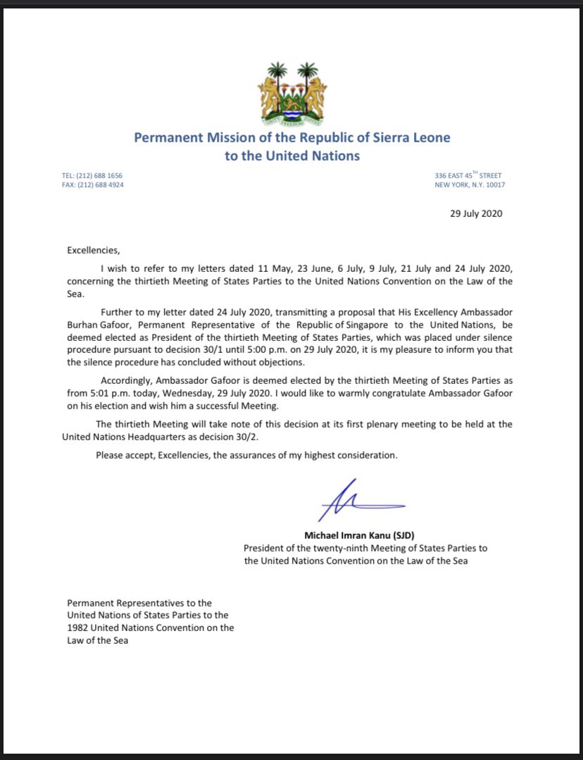 MichaelKanuSL's tweet image. Today I circulated my last letter as President of the 29th Meeting of the States Parties to the UN Law of the Sea Convention - a successful end to an amazing and unique term #DOALOS #SPLOS un.org/Depts/los/meet…