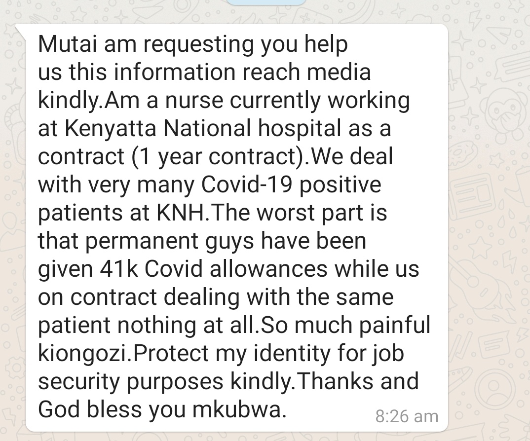 ItsMutai's tweet photo. Dear Kenyatta National Hospital, @KNH_hospital, Bwana CEO @CeoKnh @kamurie1 what kind of discrimination is this? Don't you realize this is quite demoralising for this rank of nurses? https://t.co/T817Cfeecy