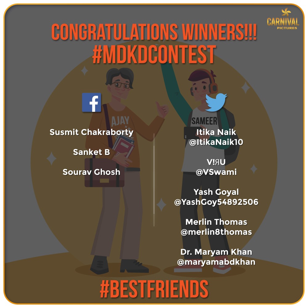 CarnivalMP's tweet photo. Congratulations #MDKDContest Winners...!! Please DM us to receive further details.
#CarnivalMotionPictures #Contest #ContestWinners #GiveawayAlert #AjayAndSameer @divyenndu @anantvidhaat #friendsforever #everydaycarnival #cmpindia #mdkd #meredeshkidharti #secondchance https://t.co/XQCZmhX4UV