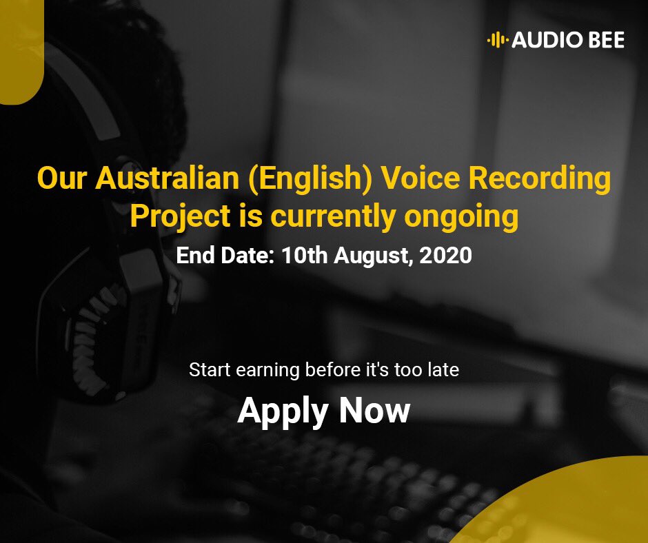 AudioBee2's tweet photo. Calling all native Australian speakers!

Join our Voice Recording Project to earn $10 by simply recording 93 simple phrases in English.

Apply here: https://t.co/OqMviYPoF7

#audiobee #workfromhome #remotework #careeropportunities #australianvoicerecordingproject https://t.co/YI9LmJZ0Cp