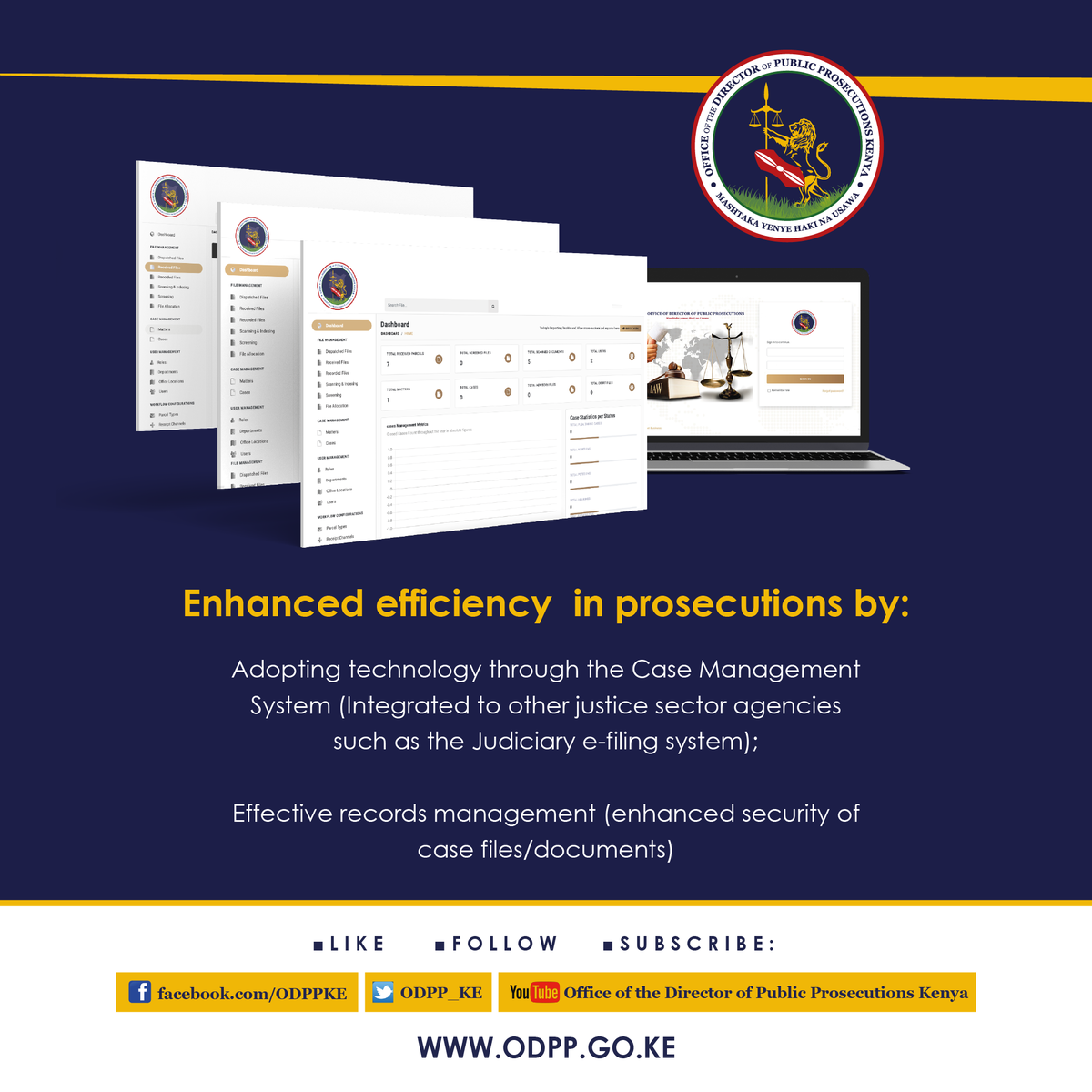 ODPP_KE's tweet photo. ODPP's UADILIFU Case Management System is now up & running. It will enhance document tracking, case tracking & e-filing. UADILIFU is the Kiswahili word for INTEGRITY. Meet Prosecutor Zawadi👉https://t.co/OQszEdMjdt #UadilifuCaseManagement #ODPPCaseManagement https://t.co/wEVLJBWods