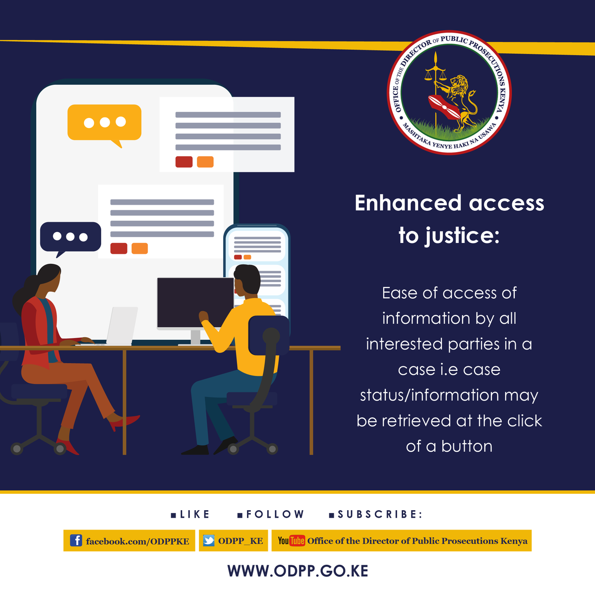 ODPP_KE's tweet photo. ODPP's UADILIFU Case Management System is now up & running. It will enhance document tracking, case tracking & e-filing. UADILIFU is the Kiswahili word for INTEGRITY. Meet Prosecutor Zawadi👉https://t.co/OQszEdMjdt #UadilifuCaseManagement #ODPPCaseManagement https://t.co/wEVLJBWods