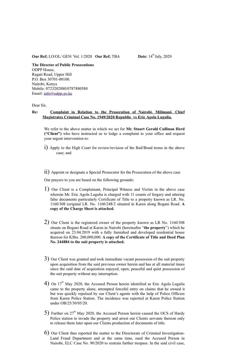 In court, Mr. Eric Agolla did what he did, you know how the courts work and for a case where he is charged with 11 counts of forgery and trying to steal land worth Sh250 million, he was released on a cash bail of Sh150,000. So Eric got a cheap bail, he is free to roam and scam.