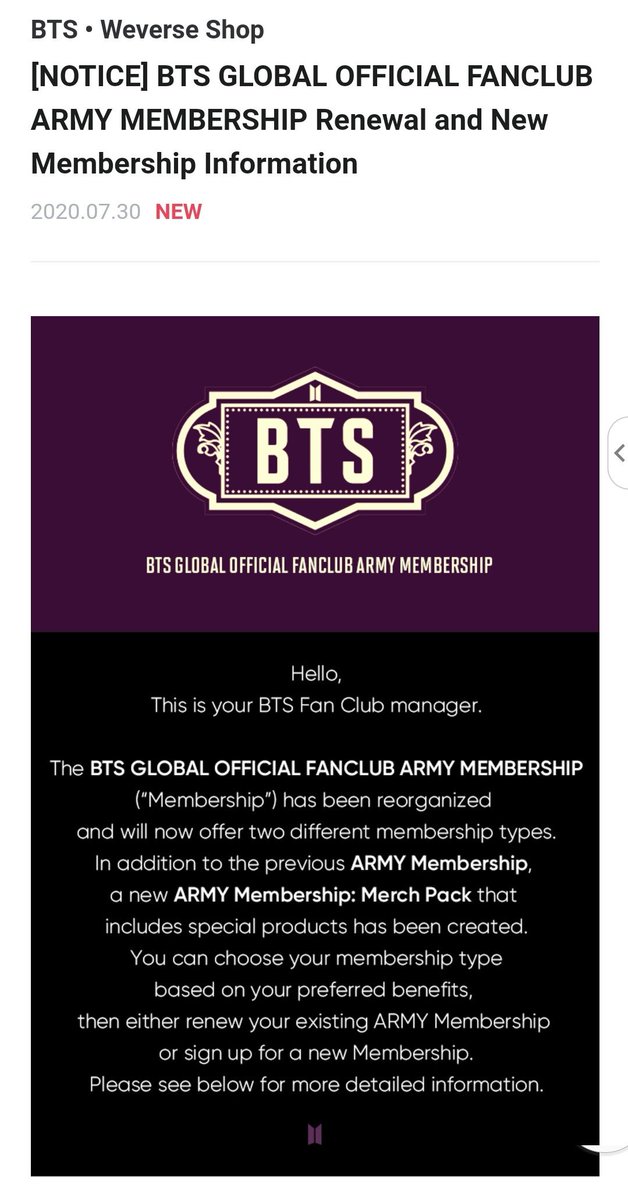 Weverse Shop Official Fanclub ARMY MEMBERSHIP Renewal - Aug 14 2pm KSTRenewal - 60 days before to 30 days after expiration New members - Those without membership or with membership expiring 31 days before @BTS_twt  #MTVHottest BTS