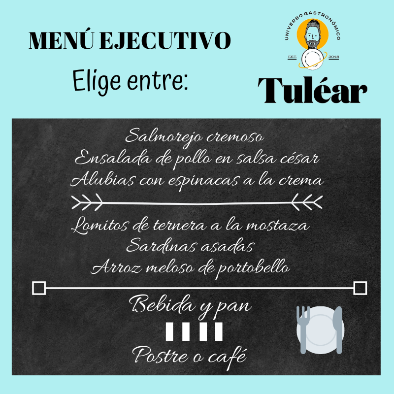 ¡Así de rico viene nuestro menú ejecutivo de este jueves!
Elige un primero y un segundo + bebida + pan + postre o café 🍽.
¡Todo por 9,90€!🤩

#Tuléar #UniversoGastronómico #Jaén #MenúDiario