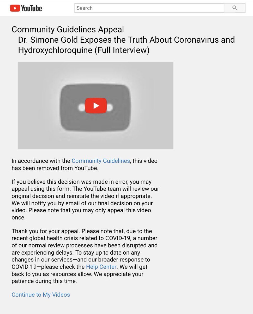 BREAKING: After almost 100,000 views in less than 24 hours, my interview with Physician and Lawyer  @drsimonegold was removed from  @YouTube, allegedly for violating its TOS.My attorney has filed an appeal and we will wait to hear back about its reinstatement.