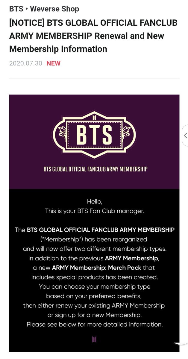 Types of membershipsARMY MEMBERSHIP- ID card- Access to exclusive/early access merch- Participate in events + raffles- Exclusive web content- Option to purchase membership kitARMY MEMBERSHIP Merch Pack- Above +- 4 special membership products per 365 daysRenewal gift