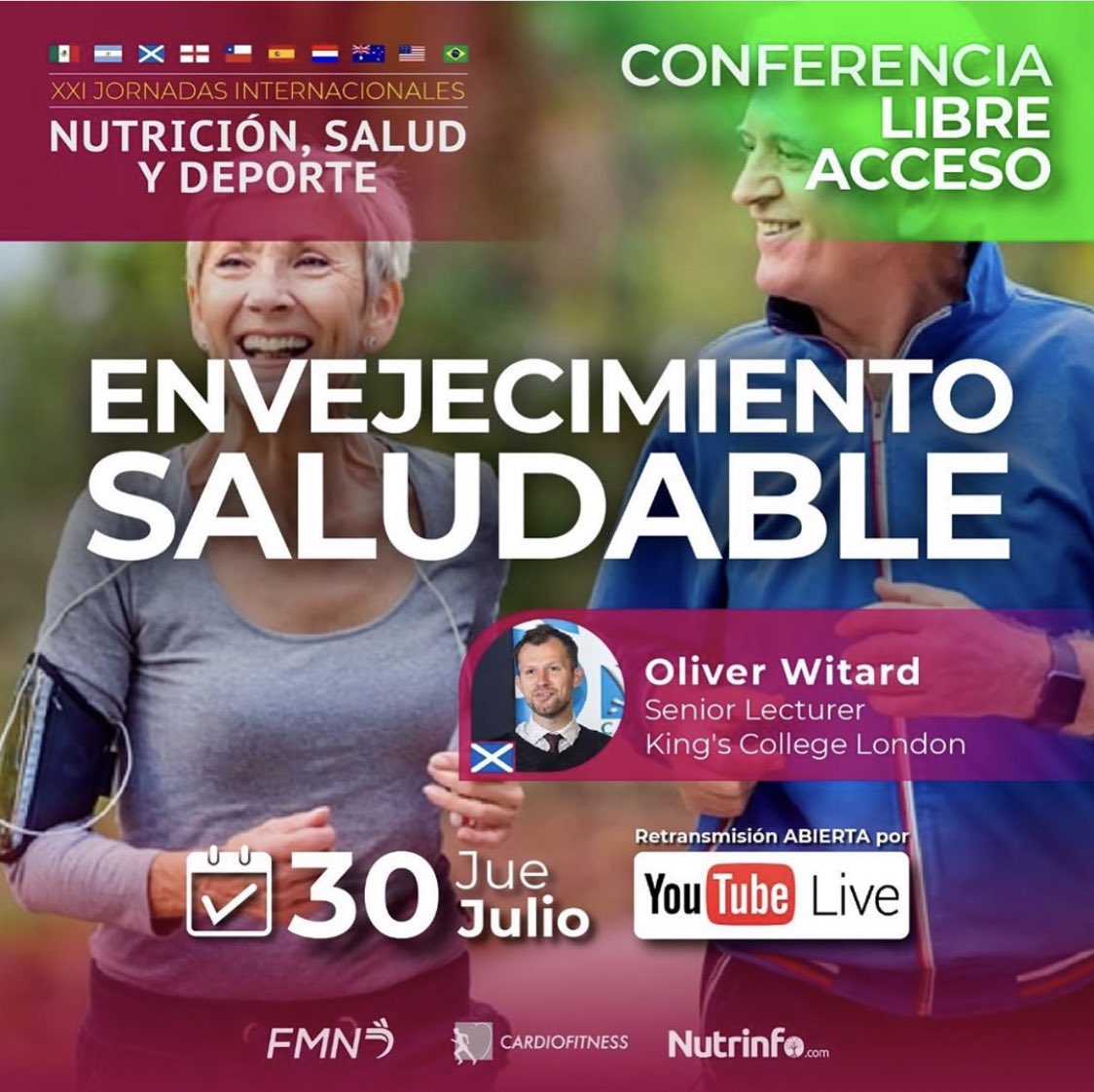 📣 ¡NO TE PIERDAS LA ÚLTIMA CONFERENCIA DE NUESTRAS JORNADAS! El Dr Oliver Witard <a href="/OllyWitard/">Oliver Witard</a> nos hablará de “Proteína para el envejecimiento saludable”! 
Puedes verla a través del canal de YouTube de <a href="/nutrinfocom/">Nutrinfo.com</a> 
🗓 Jueves 30 de julio 
🕑 14:00 CDMX🇲🇽
🕓 16:00 Buenos Aires🇦🇷
