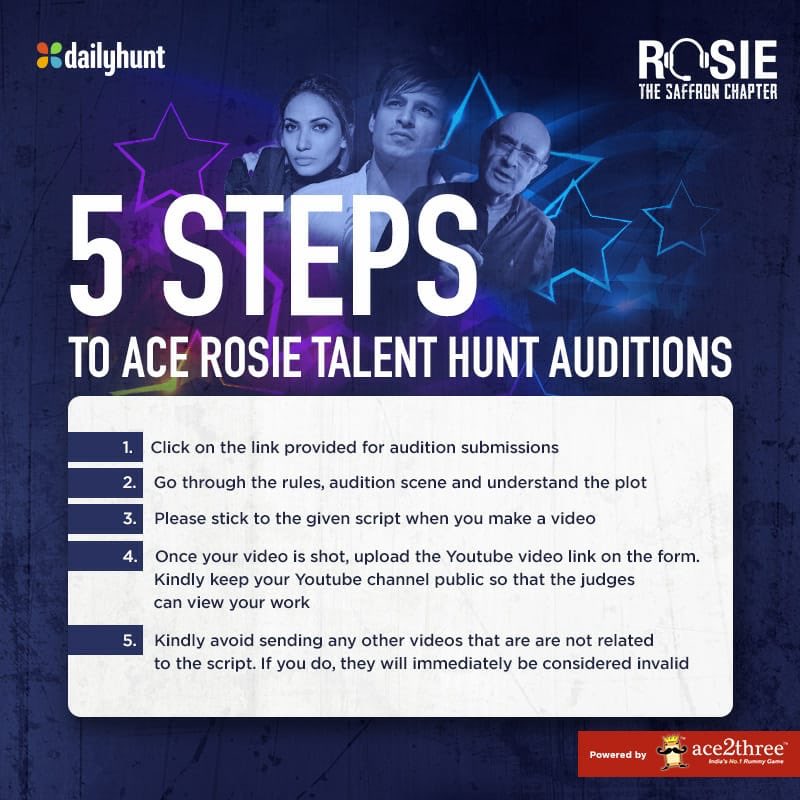 Follow the 5 steps given & increase your chances of winning the #RosieTalentHunt. Click on this talenthunt.dhunt.in/akoJr to send in your applications! #ProminentRole @vivekoberoi #PrernaVArora @mishravishal @girishjohar @IKussum @RosieIsComing