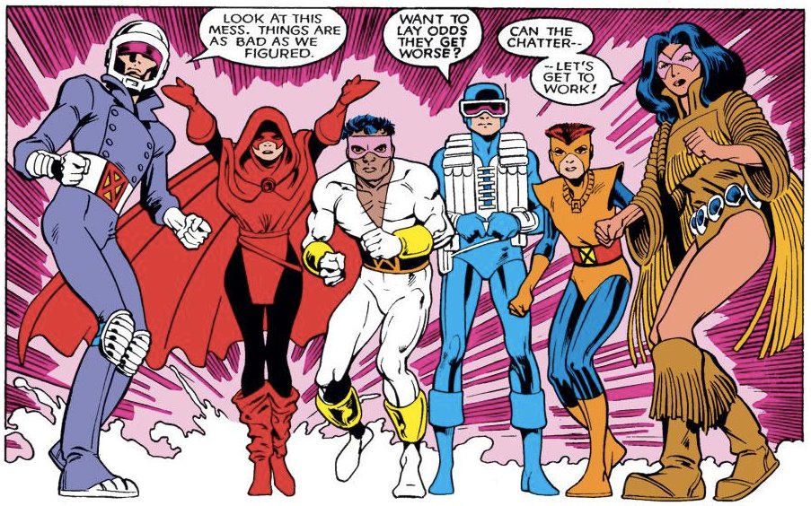 The other contrast is, of course, with the New Mutants, who have to “graduate” before they’re allowed to wear individualized costumes. This premise sets up individual costumes as an earned privilege, thus positioning individuality as something one matures toward. 4/5