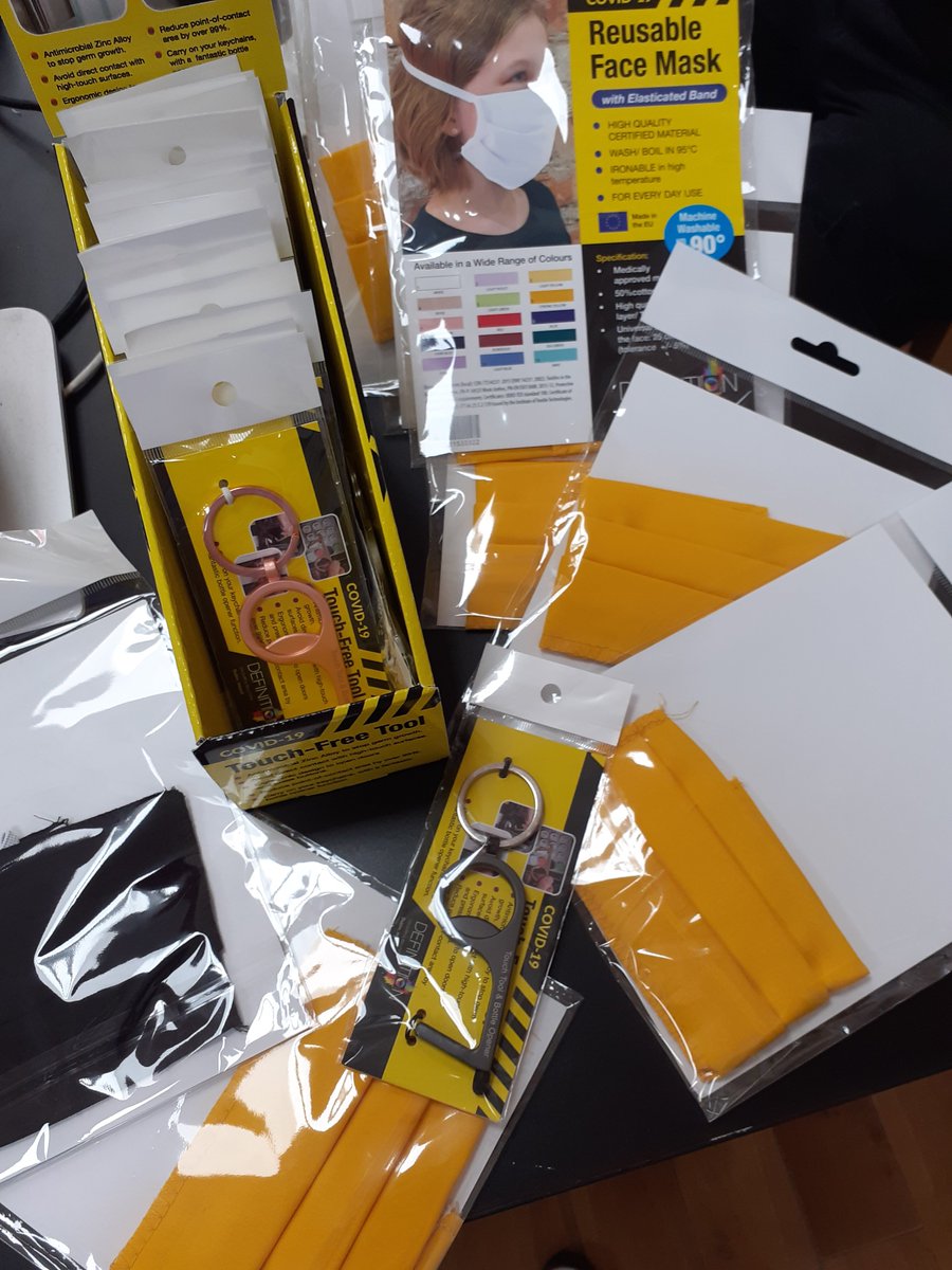 Dublin_Simon's tweet photo. Thank you to John &amp; everyone at @DefinitionPrint who sent us two boxes of masks and touch-free tools to sell in our shops. 

The masks and tools will be on sale in the shops today for €4 each.
#ThankYou #mask #HoldFirm https://t.co/1cOABE3Ukv