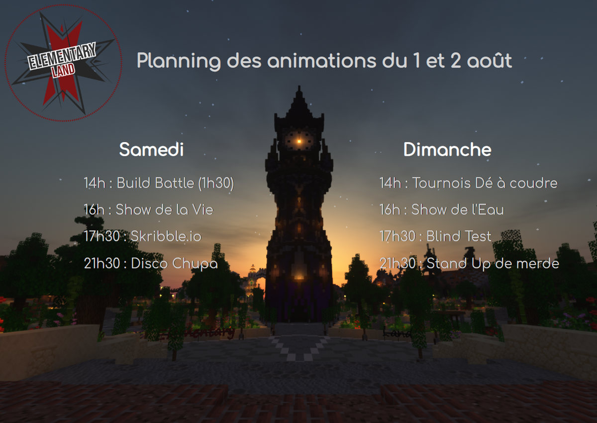 ElementaryLand's tweet photo. Voici le planning des animations prévues pour ce week-end 👌🎉
À très bientôt sur le serveur 👋
IP » https://t.co/bH1PbLLLyc
Discord » https://t.co/I9N1WNSCpT https://t.co/lkTrHhQaEH