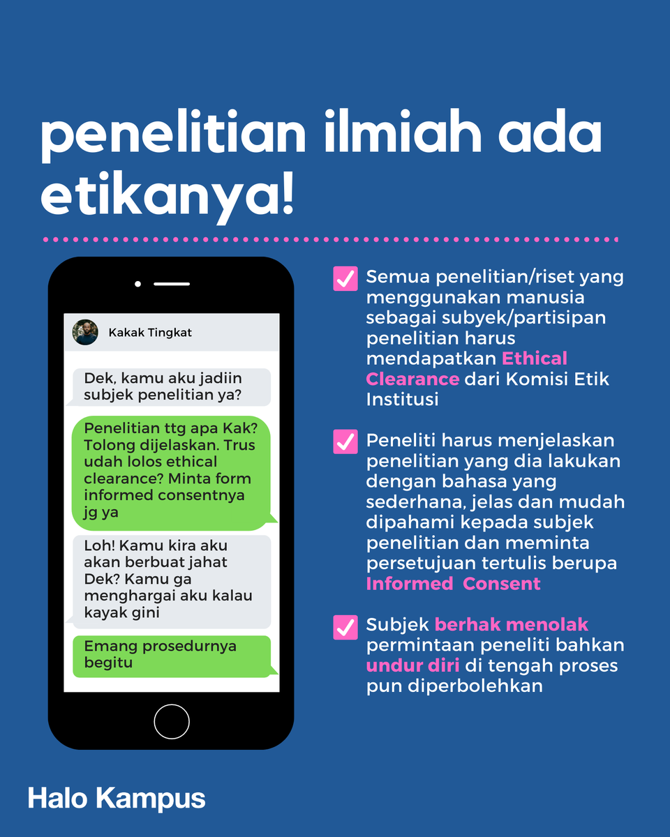 halokampus's tweet photo. Semua penelitian/riset yg menggunakan manusia sebagai subyek/partisipan harus mendapatkan Ethical Clearance dari Komisi Etik Institusi (misalnya komisi etik dari kampus yg bersangkutan)
⁣
So, hati-hati terhadap modus kejahatan yg mengatasnamakan penelitian ya. https://t.co/QTHxvtIUMh